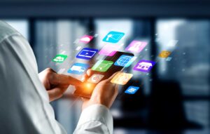 person looking at phone apps