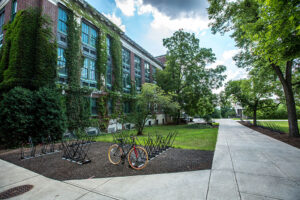 bicycle rack on college campus