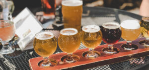 beer flight on table at distillery