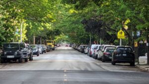 cars parked on both sides of long tree-lined city street
